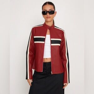 NWT Motel Rocks Oliver Zip Up Jacket In PU Red With Ecru Stripe